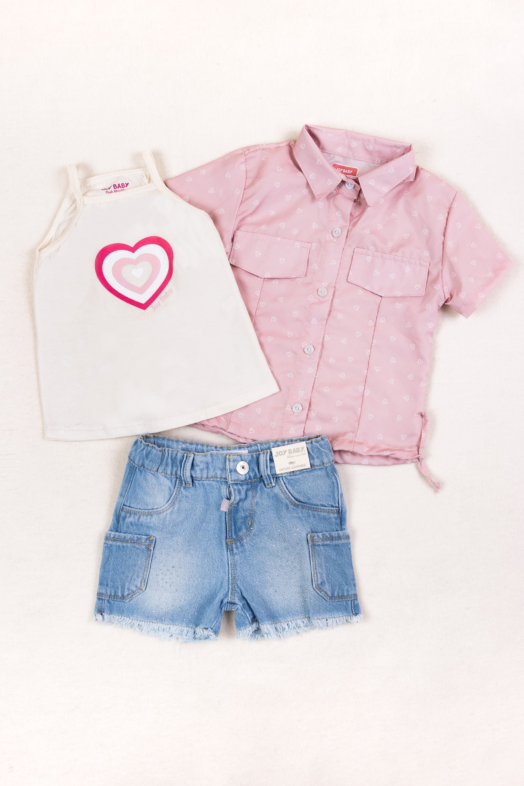 CONJUNTO 3 PRENDAS NIÑA CORAZONES ROSADO