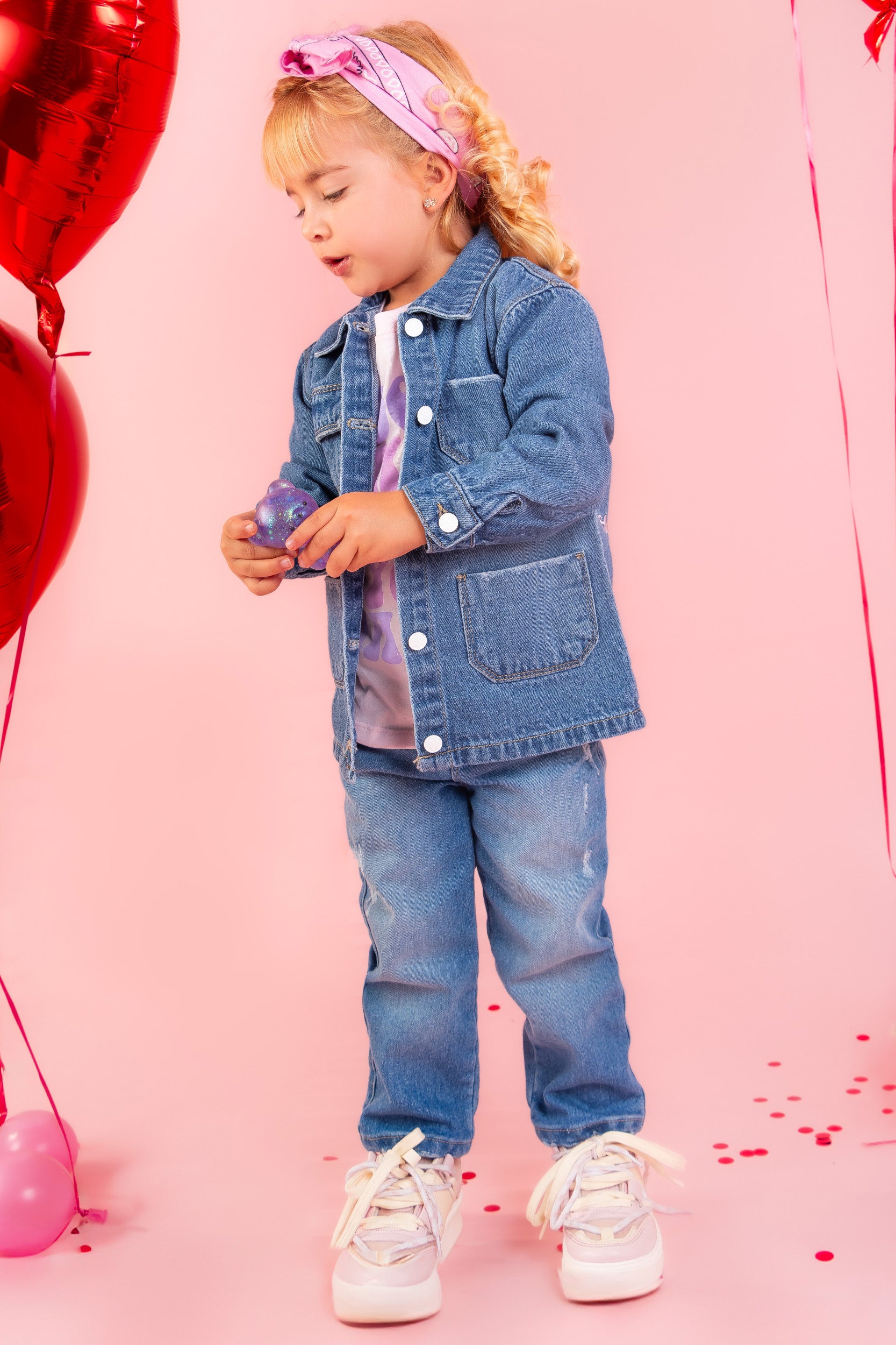 CONJUNTO 3 PRENDAS DENIM NIÑA ROSADO