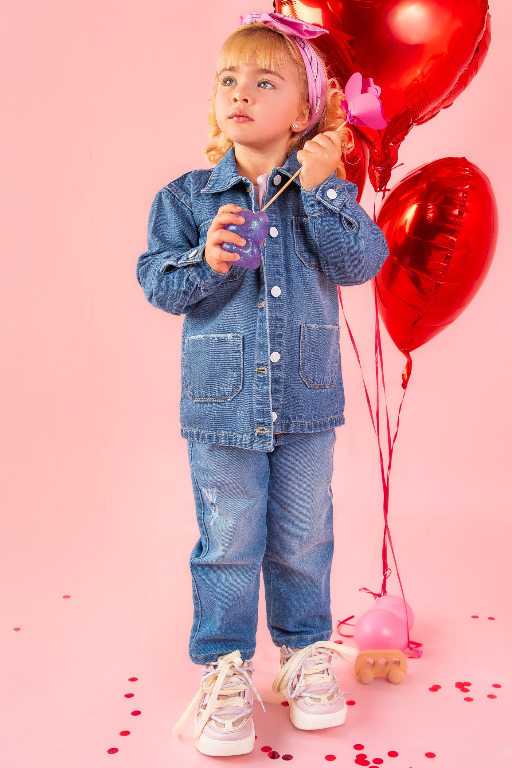 CONJUNTO 3 PRENDAS DENIM NIÑA ROSADO